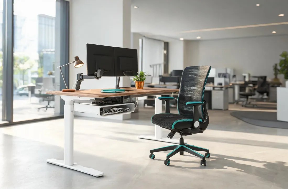 Height adjustable desk and ergonomic office chair in hybrid workplace