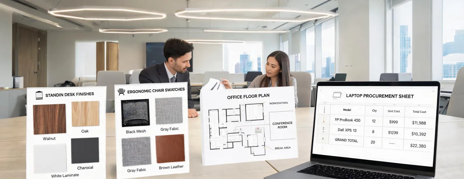 Workspace planning table with standing desk samples